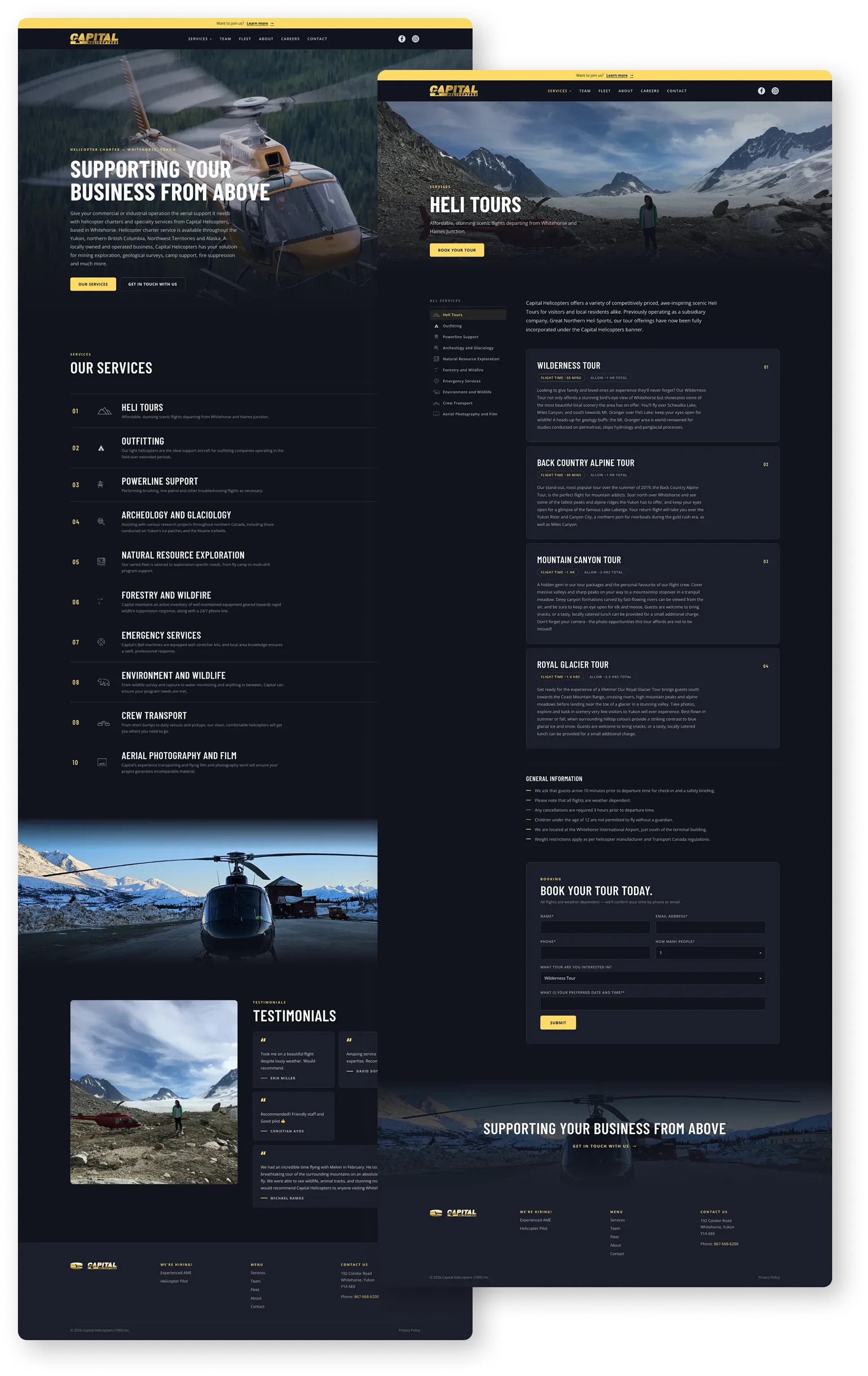 Full-page desktop mockups of the Capital Helicopters website, showing the homepage with service listings and testimonials beside the heli tours booking page.