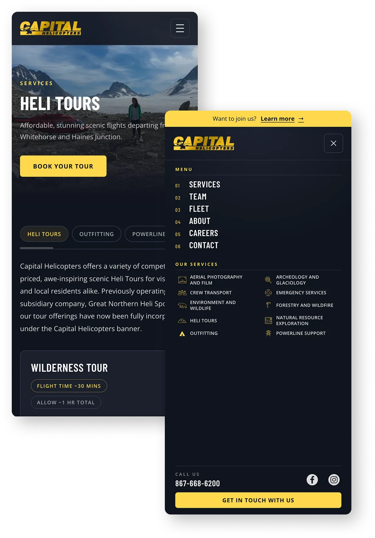 Mobile mockups of the Capital Helicopters website, with the heli tours landing page and the expanded dark navigation menu.