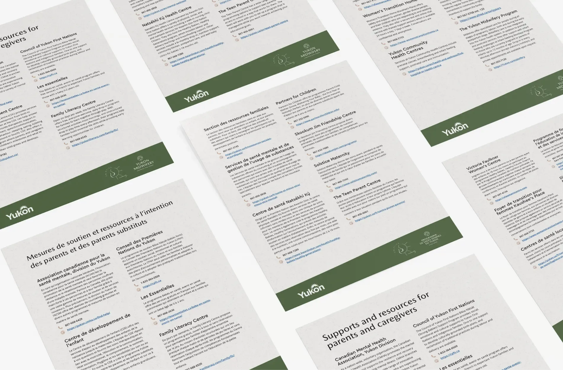 Printed information sheets in English and French with resources and support information for parents and caregivers.