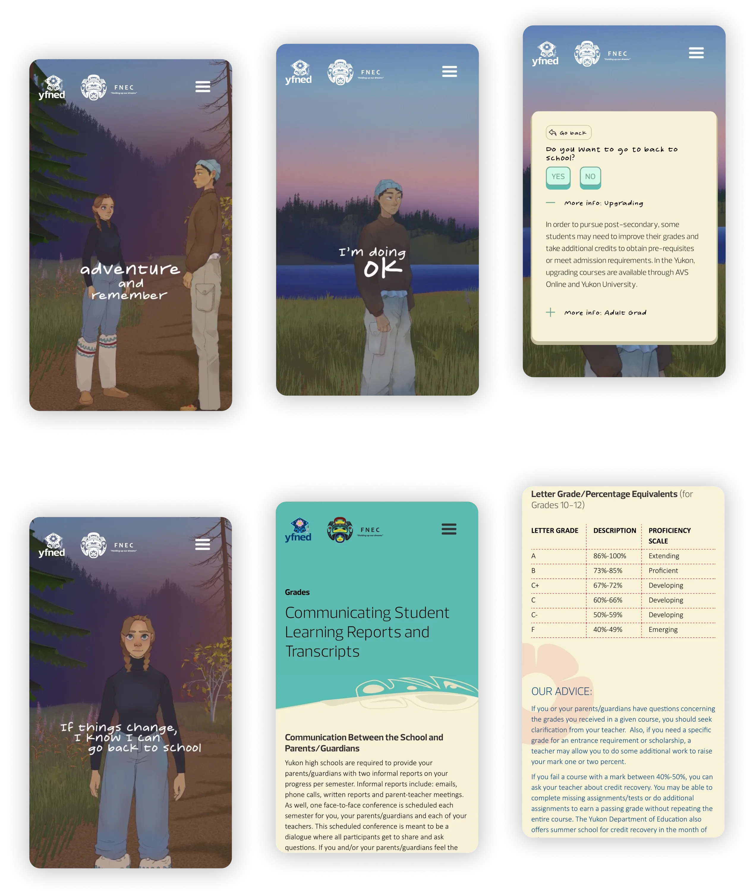 Composite image showing multiple mobile screens from the Grad Planner app, including illustrated storytelling scenes, reflective text prompts and informational panels that support students navigating secondary school pathways.